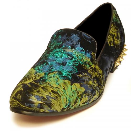 Fiesso Blue Genuine Leather Floral Design With Golden Metal Spike Slip-On FI7028.